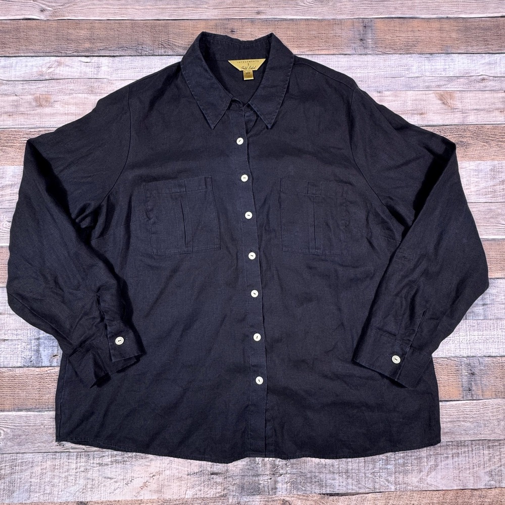 Investments Women Shirt Gold Label Black 20W 100% Hemp Button Down‎ Long Sleeve